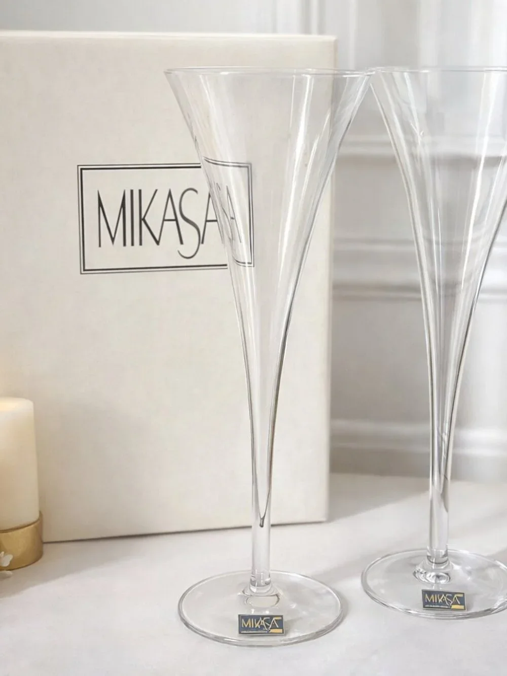 Mikasa Lyonnais NWT Trumpet Flute Champagne Glasses Set of 2 Anniversary NYE